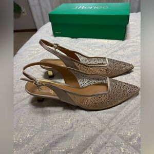 J. RENEÉ- FERRYANNE
WOMEN'S BEIGE FABRIC/RHINESTONES SLING BACK PUMPS